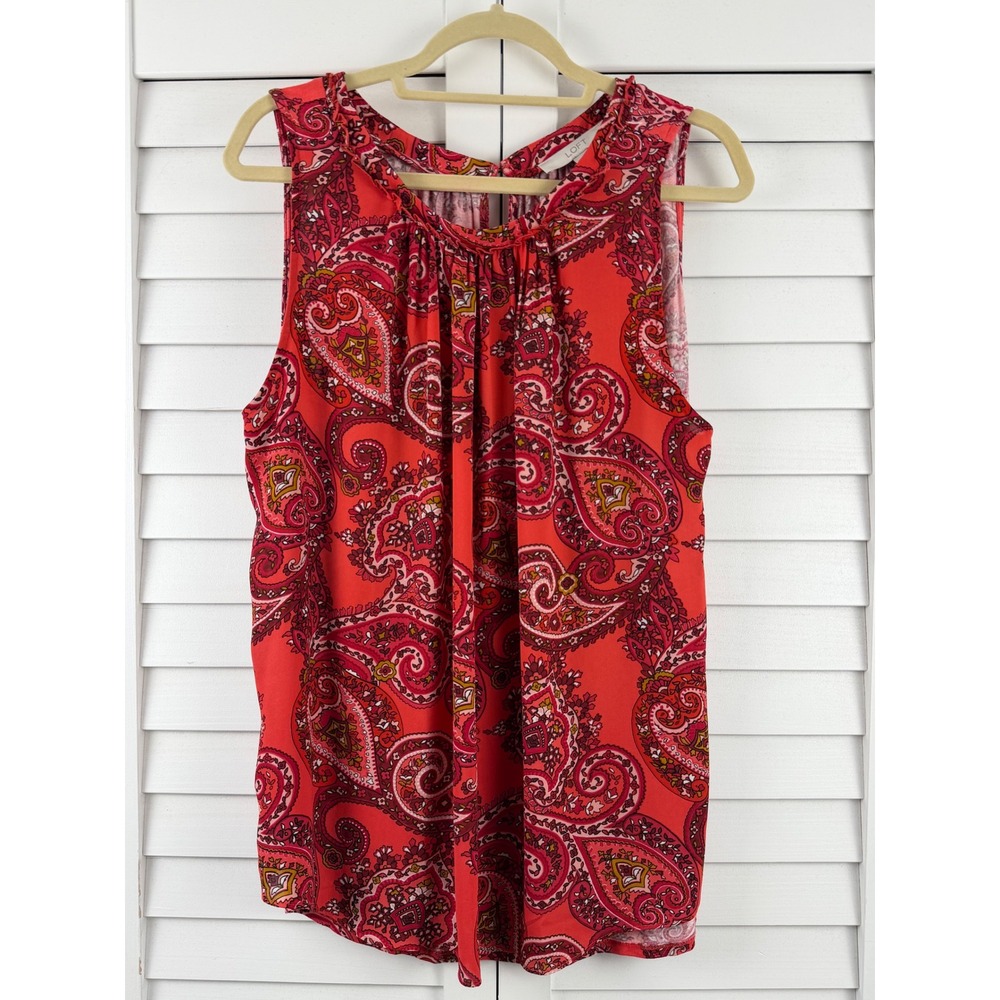 LOFT Sleeveless Blouse Womens XXL Red Paisley Pleated Neck Shell